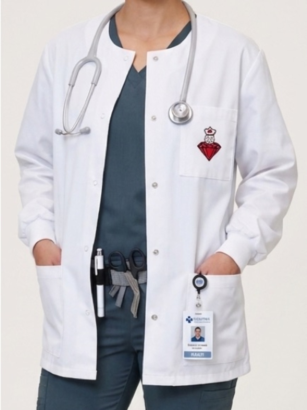 White Snap-Up Scrub Jacket with Heart Patch